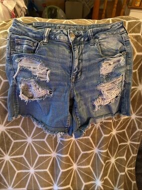 American Eagle Outfitters Blue Distressed Lace-Panel Denim Shorts